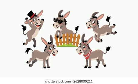 Bonito Cartoon Burros em Poses e Acessórios Divertidos - Conjunto Vetor