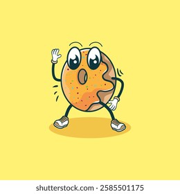 A cute cartoon donut with arms and legs is depicted walking and looking surprised.