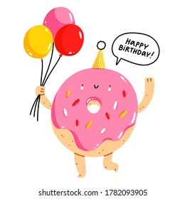 Cute cartoon donut character with balloons, happy birthday isolated vector illustration