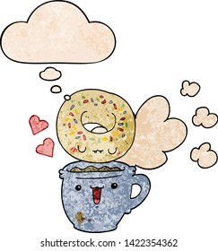 cute cartoon donut and coffee with thought bubble in grunge texture style