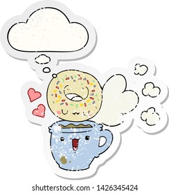 cute cartoon donut and coffee with thought bubble as a distressed worn sticker