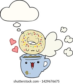 cute cartoon donut and coffee with thought bubble