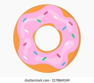 Cute cartoon donut. Doughnut with pink icing and sprinkles.Isolated flat product. Donut or bagel icon. Bakery symbol, delicious appetizing pastries. Logo concept. Vector design on a white background.