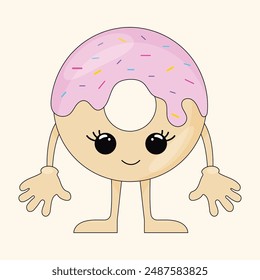 A cute cartoon donut with eyes and mouth, arms and legs. A doughnut with pink icing and sprinkles.