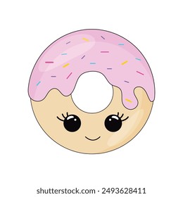 A cute cartoon donut with eyes and mouth. A doughnut with pink icing and sprinkles.