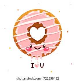 Cute cartoon donut with heart, background for Valentine's day, for donut lovers, on the day of the donut, vector.