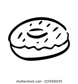 Cute cartoon donut. Isolated flat product. Bagel with pink icing and sprinkles. Donut or bagel icon. Bakery symbol, delicious appetizing pastries. Logo concept. Vector design on a white background.