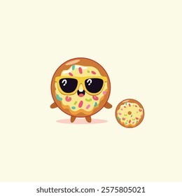 A cute cartoon donut with a perfectly round shape, colorful sprinkles, and a glossy pink glaze. It wears oversized, funky sunglasses and has a wide, cheerful smile. 