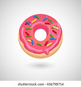 A cute cartoon donut with pink chocolate and multicolored sprinkles on a white background
