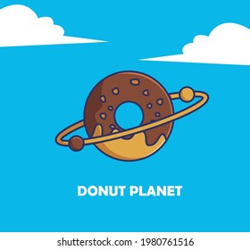 Cute Cartoon donut planet space food alien with a ring. Food and Drink Cartoon Flat Style Icon illustration Premium Vector Logo