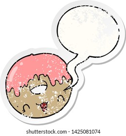 cute cartoon donut with speech bubble distressed distressed old sticker