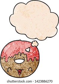 cute cartoon donut with thought bubble in grunge texture style