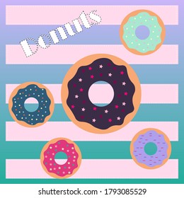 Cute cartoon donuts. Can be used for kid's clothing. Use for print, surface design, fashion wear. For design of album, scrapbook, card and invitation