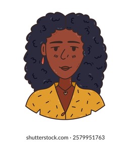 Cute cartoon doodle of African American lady portrait for social media, poster design. Hand drawn feminine character with curly volume afro hair. Trendy symbol of diversity, International Women Day.