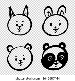 Cute cartoon doodle baby faces of a hare, squirrel, bear and panda painted with brush in thick paint strokes isolated on imitation transparent background