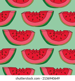 Cute cartoon doodle bitten off slice of watermelon seamless pattern. Fruit background. 