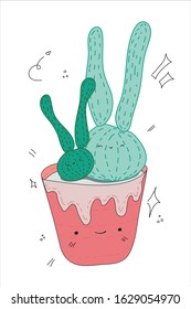Cute cartoon doodle Cactus in pink plant pot. Vector illustration. Isolated cactus icon on white background.