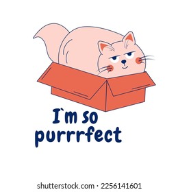 Cuto caricatura del gato doodle en una caja. Tarjeta con inscripción
