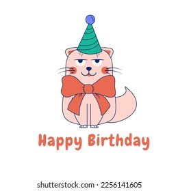 Cute cartoon doodle cat in cap and bow. Happy Birthday.