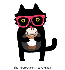 cute cartoon doodle cat with hipster glasses and coffee cup