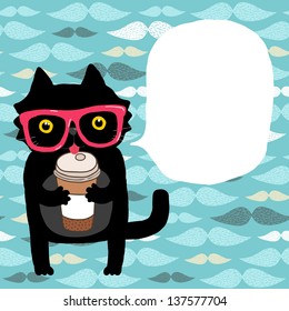 cute cartoon doodle cat in hipster glasses with coffee cup