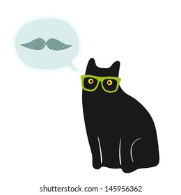 cute cartoon doodle cat with hipster glasses and mustache in bubble speech