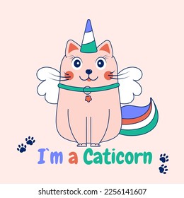 Cute caricatura del gato de doodle unicornio. Tarjeta con la inscripción unicornio