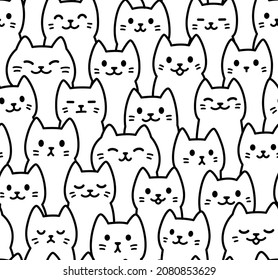 Patrón de gatos de doodles de dibujos animados. Arte de línea blanca y negra dibujado a mano, caras de gatos kawaii. Fondo sin inconvenientes, ilustración vectorial.