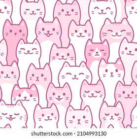 Cute cartoon doodle cats pattern. Hand drawn kawaii kitty crowd. Seamless cat background, vector illustration.