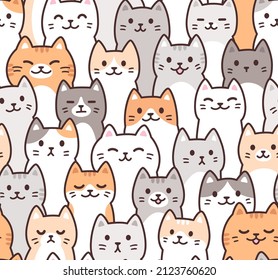 Cute cartoon doodle cats pattern  Kawaii crowd cat faces  Seamless background  vector illustration 