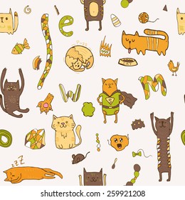 Cute cartoon doodle cats seamless pattern with letters, fish and mouse.