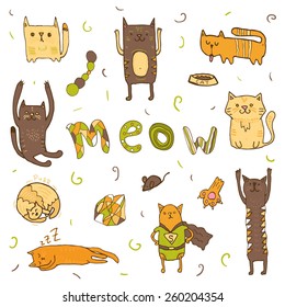 Cute cartoon doodle cats set. Meow word, doodle letters, mouse and fish.