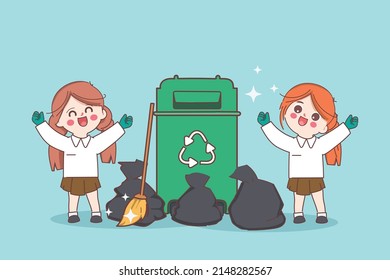 Cute cartoon doodle children student keeping Waste to recycle. save world save environment background. Doodle cartoon hand drawn character.