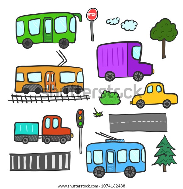 Cute cartoon doodle city transport, trees, roads,\
traffic lights, stop sign. Bright childish color sketchy linear\
public transportation, car, truck for children educational or fun\
app or book