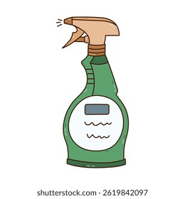 Cute cartoon doodle cleaning spray bottle to wash windows, bathroom plumbing, toilet. Hand drawn outline dispenser bottle to sanitize and spraying detergent agent isolated on white background.