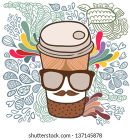 Cute cartoon doodle coffee cup. Hipster glasses and mustache