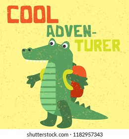cute cartoon doodle crocodile, vector illustration