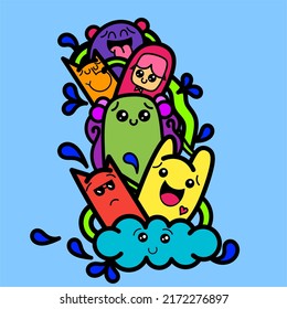 cute and cute cartoon doodle design vector illustration, in various colors and on a blue background