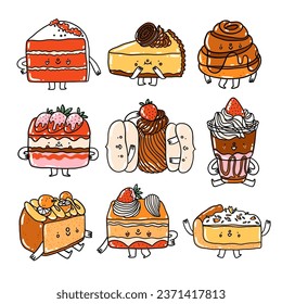 Cute cartoon doodle dessert characters, slice of pies, yummy fruit tarts, citric lemon, chocolate and strawberry flavors, vector illustrations set, isolated on white background