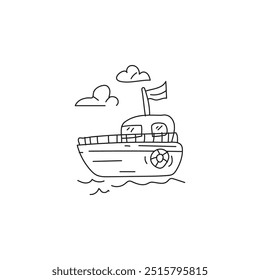 Cute cartoon doodle drawing of a boat with a flag and a steering wheel sailing on the sea under a cloudy sky. Concept of transportation, adventure, and travel.