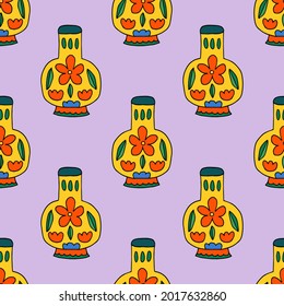 Cute cartoon doodle empty vase with floral ornament seamless pattern. Vase background.