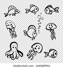 Cute cartoon doodle fishes and jellyfish painted with brush in thick paint strokes isolated on imitation transparent background