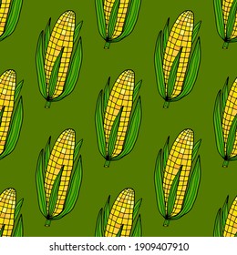 Cute cartoon doodle fresh corn with leaves seamless pattern. Vegetables background.