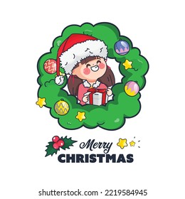 Cute cartoon doodle girl celebrating gifts in Merry Christmas wreath and happy new year.