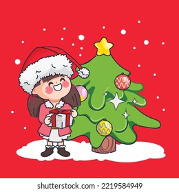Cute cartoon doodle girl celebrating gifts in Merry Christmas wreath and happy new year.