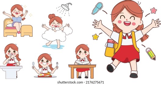 Cute cartoon doodle girl student character. Cartoon Kid in daily routine activity pose.