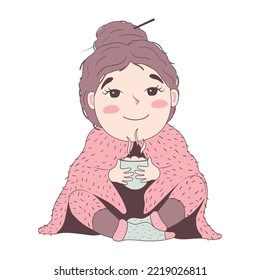 cute cartoon doodle girl in a voluminous ugly hygge sweater with a bun on her head wrapped in a fluffy plaid blanket drinking hot coffee