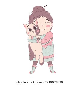 cute cartoon doodle girl in a voluminous ugly hygge sweater with a bun on her head will hug a cat