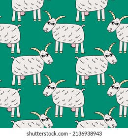 Cute cartoon doodle goat seamless pattern. Background with farm animal. 