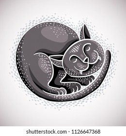 Cute cartoon doodle grey cat vector illustration, nice pet sleeping comfortable.